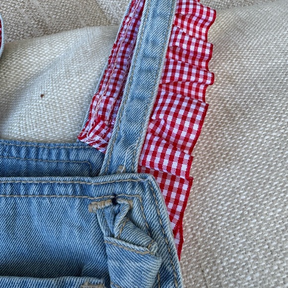 Levi's Customized Blue Overalls with Hand-sewn Red and White Strawberry Details - Picture 6 of 16